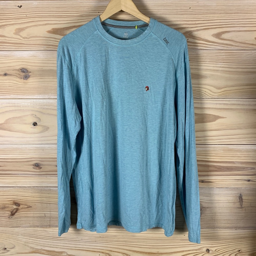 Tasc Performance Long Sleeve Shirt Mens XL Blue Crew Neck Active Pirate Logo Tee